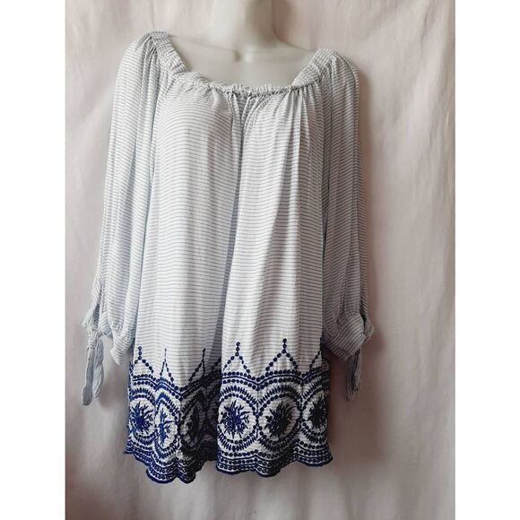 New Directions off shoulder soft knitvsz 1X plus embroidered floral striped blou - Picture 1 of 3